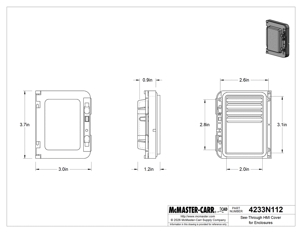 Technical Drawing of See-Through HMI Cover for Enclosures, Snap in Closure, Polycarbonate, 3-3/4" High x 3" Wide.